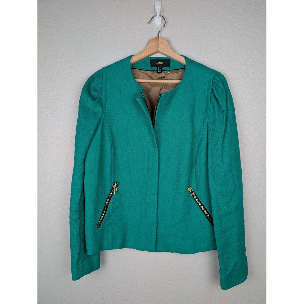 MNG Suit Jacket Womens Large Green Textured Zip Front Lined Blazer Ramie Cotton